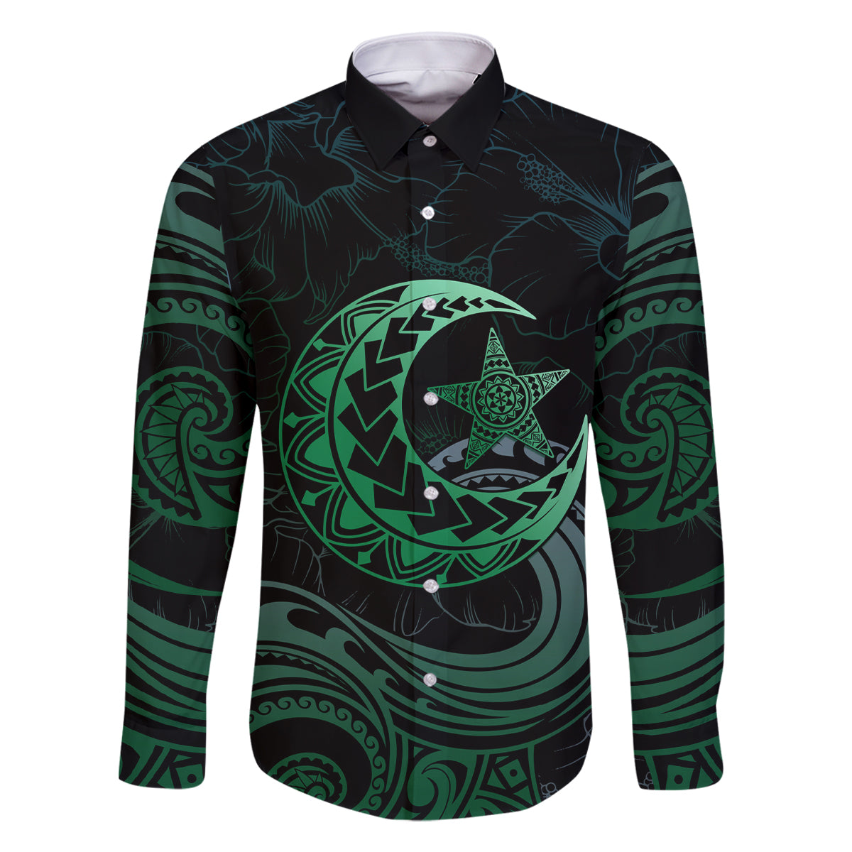 Personalised Polynesia Family Matching Off Shoulder Short Dress and Hawaiian Shirt With Islam Crescent And Star LT05 Dad's Shirt - Long Sleeve Green - Polynesian Pride