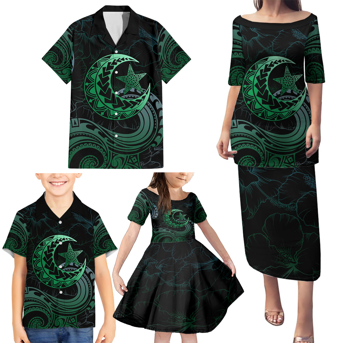 Personalised Polynesia Family Matching Puletasi Dress and Hawaiian Shirt With Islam Crescent And Star LT05 - Polynesian Pride