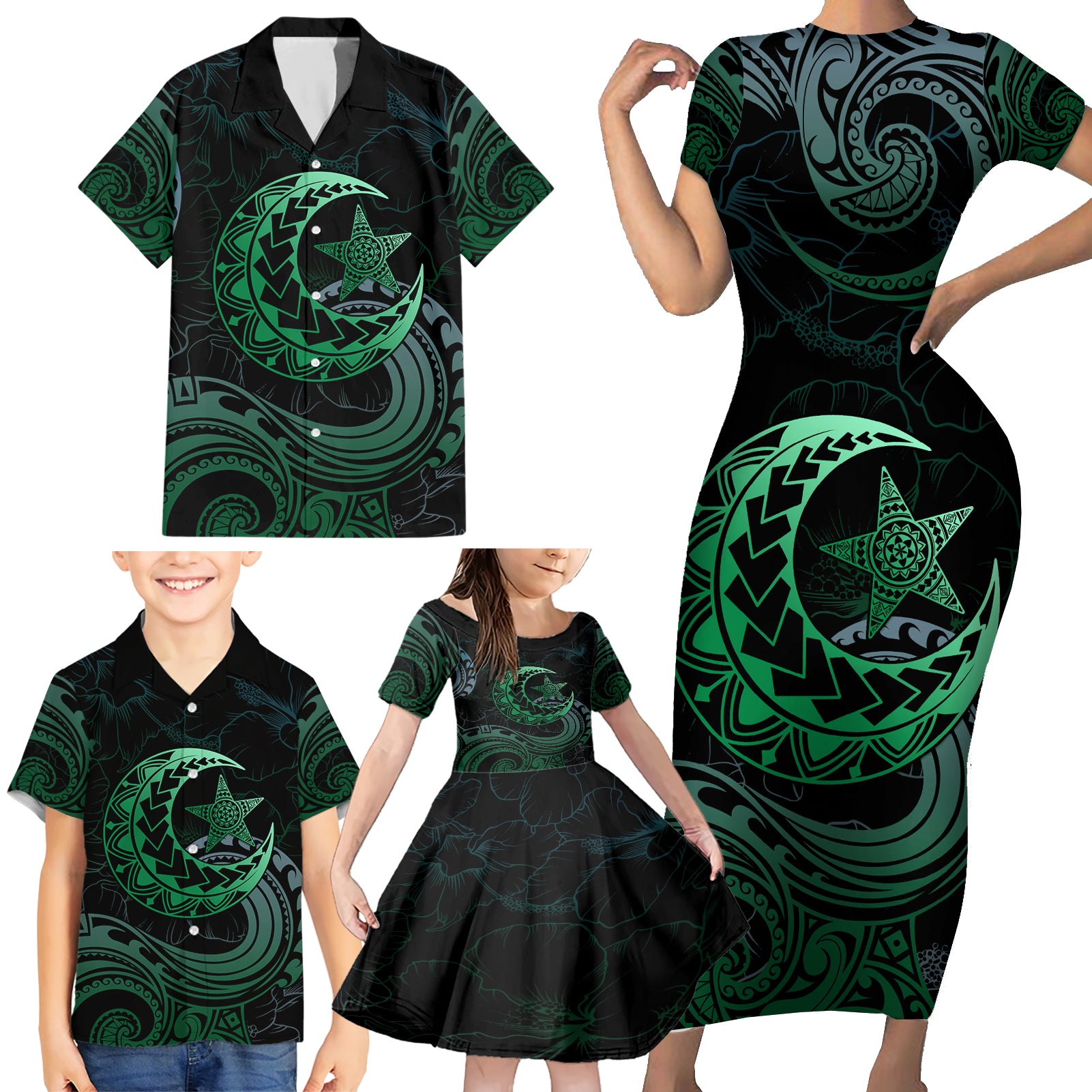 Personalised Polynesia Family Matching Short Sleeve Bodycon Dress and Hawaiian Shirt With Islam Crescent And Star LT05 - Polynesian Pride