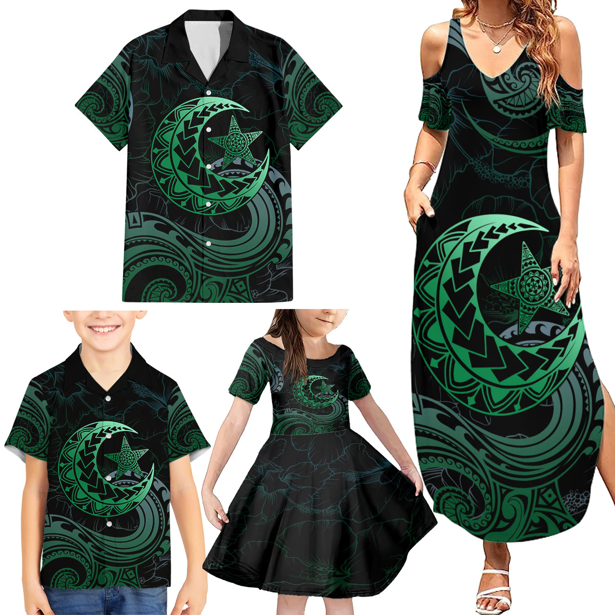 Personalised Polynesia Family Matching Summer Maxi Dress and Hawaiian Shirt With Islam Crescent And Star LT05 - Polynesian Pride