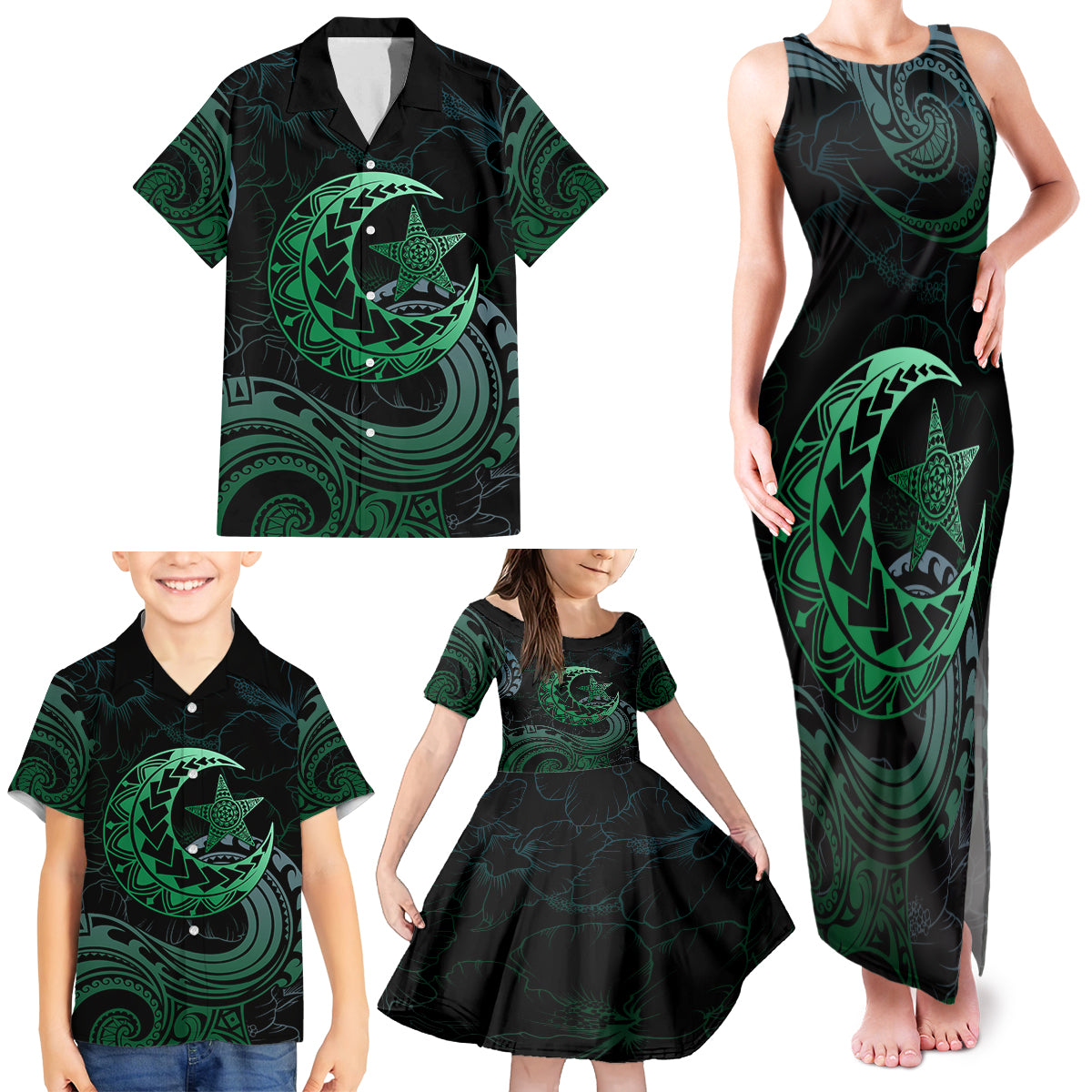 Personalised Polynesia Family Matching Tank Maxi Dress and Hawaiian Shirt With Islam Crescent And Star LT05 - Polynesian Pride