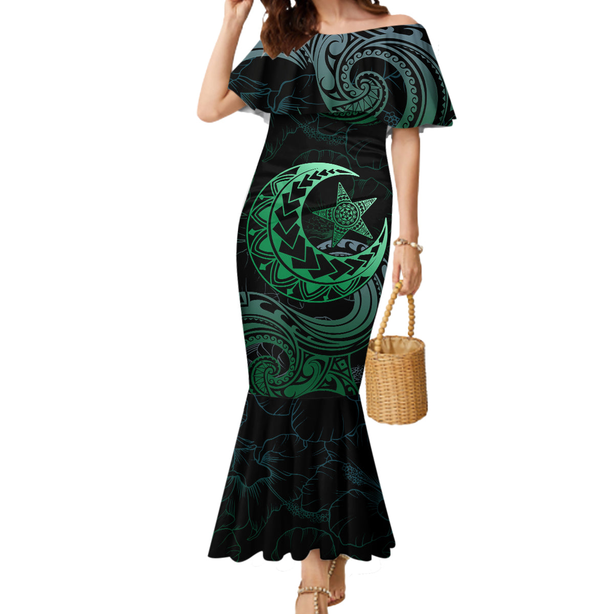 Personalised Polynesia Mermaid Dress With Islam Crescent And Star LT05 Women Green - Polynesian Pride