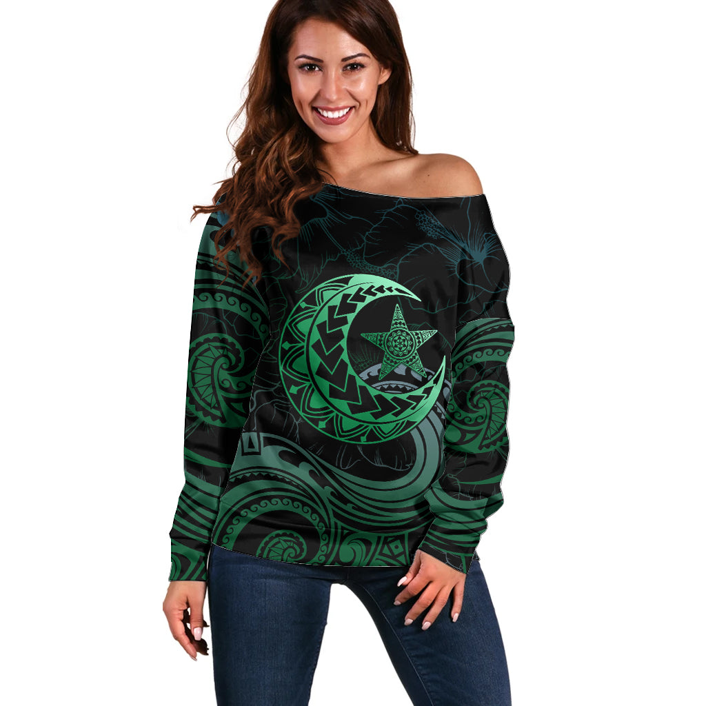 Personalised Polynesia Off Shoulder Sweater With Islam Crescent And Star LT05 Women Green - Polynesian Pride