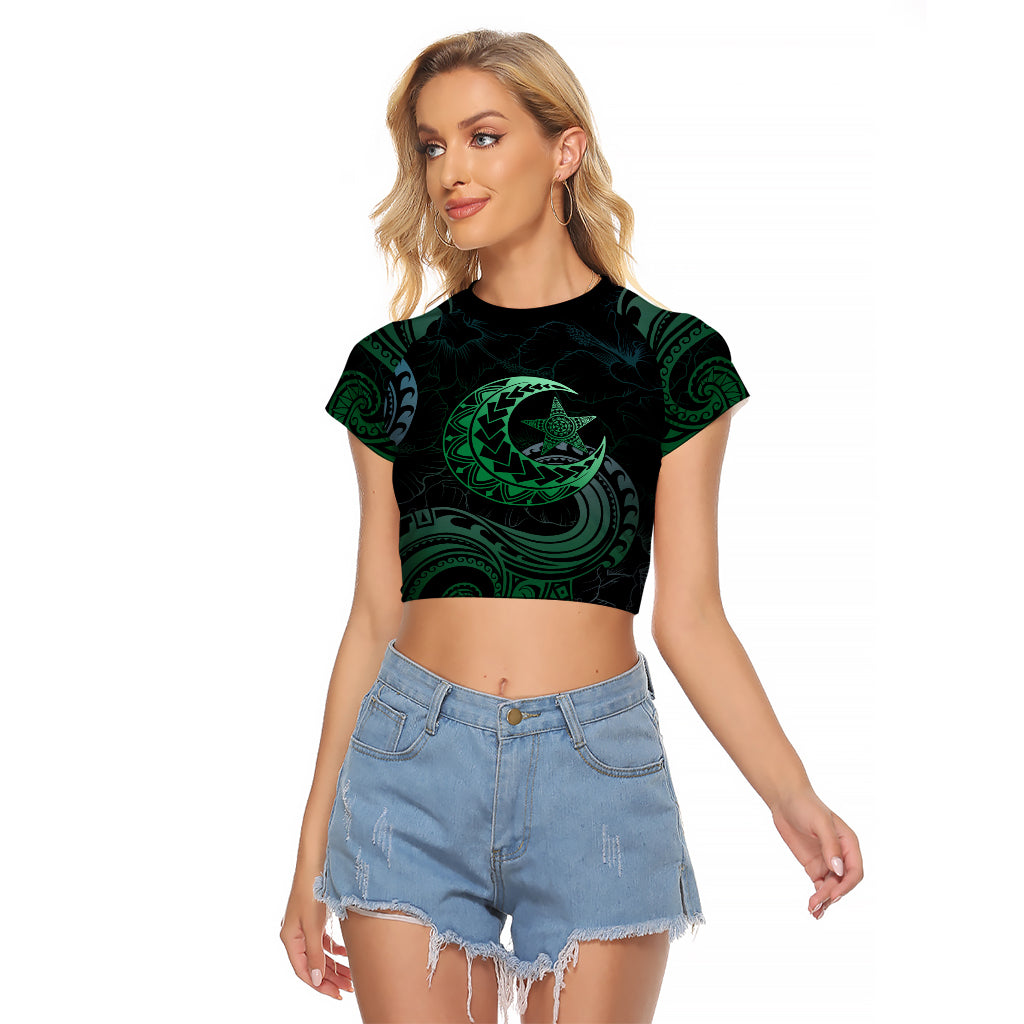 Personalised Polynesia Raglan Cropped T Shirt With Islam Crescent And Star LT05 Female Green - Polynesian Pride