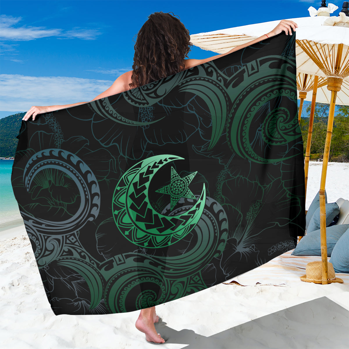 Polynesia Sarong With Islam Crescent And Star LT05 One Size 44 x 66 inches Green - Polynesian Pride