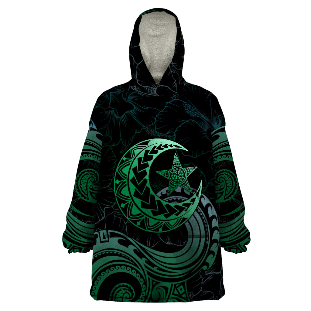 Personalised Polynesia Wearable Blanket Hoodie With Islam Crescent And Star LT05 One Size Green - Polynesian Pride