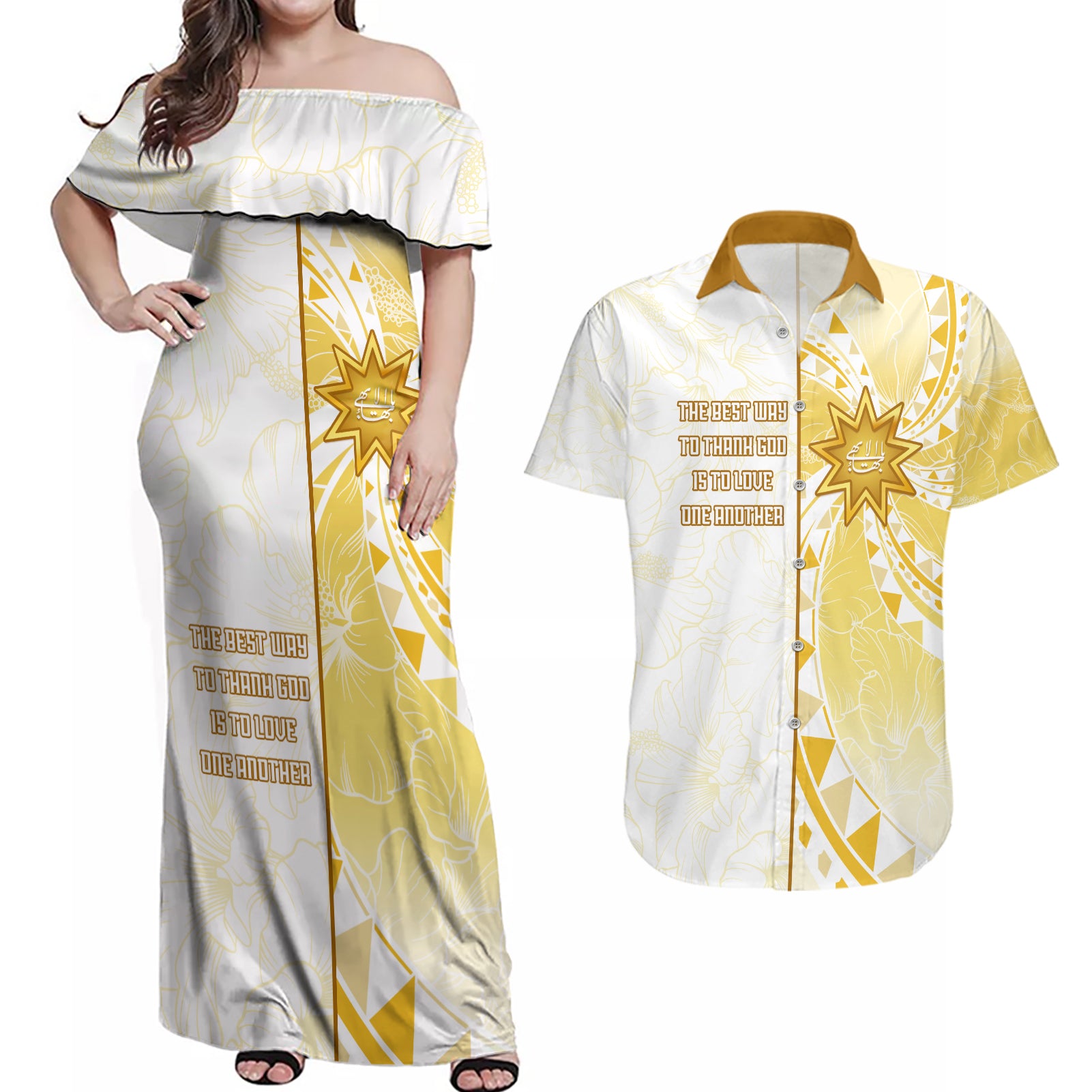 Personalised Polynesia Couples Matching Off Shoulder Maxi Dress and Hawaiian Shirt Bahai Faith Symbol LT05 Yellow - Polynesian Pride