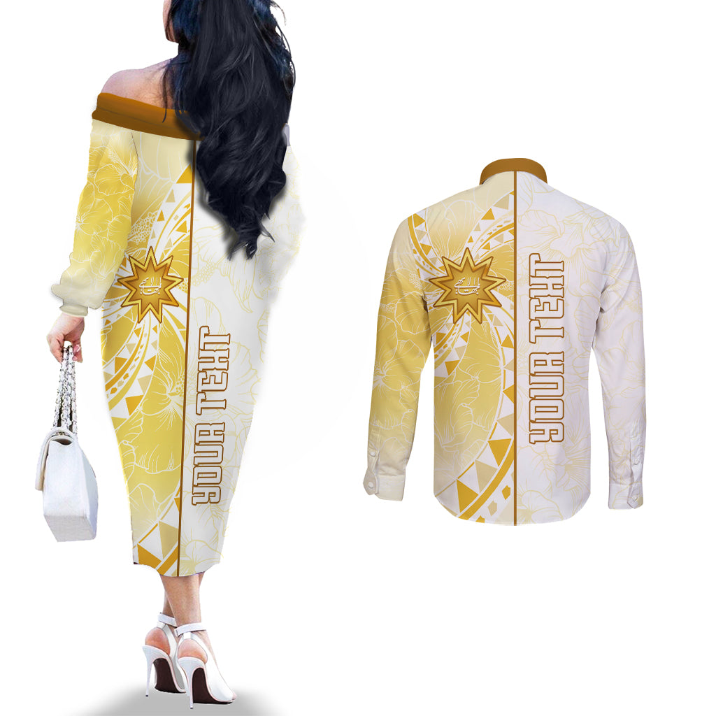 Personalised Polynesia Couples Matching Off The Shoulder Long Sleeve Dress and Long Sleeve Button Shirt Bahai Faith Symbol LT05 - Polynesian Pride