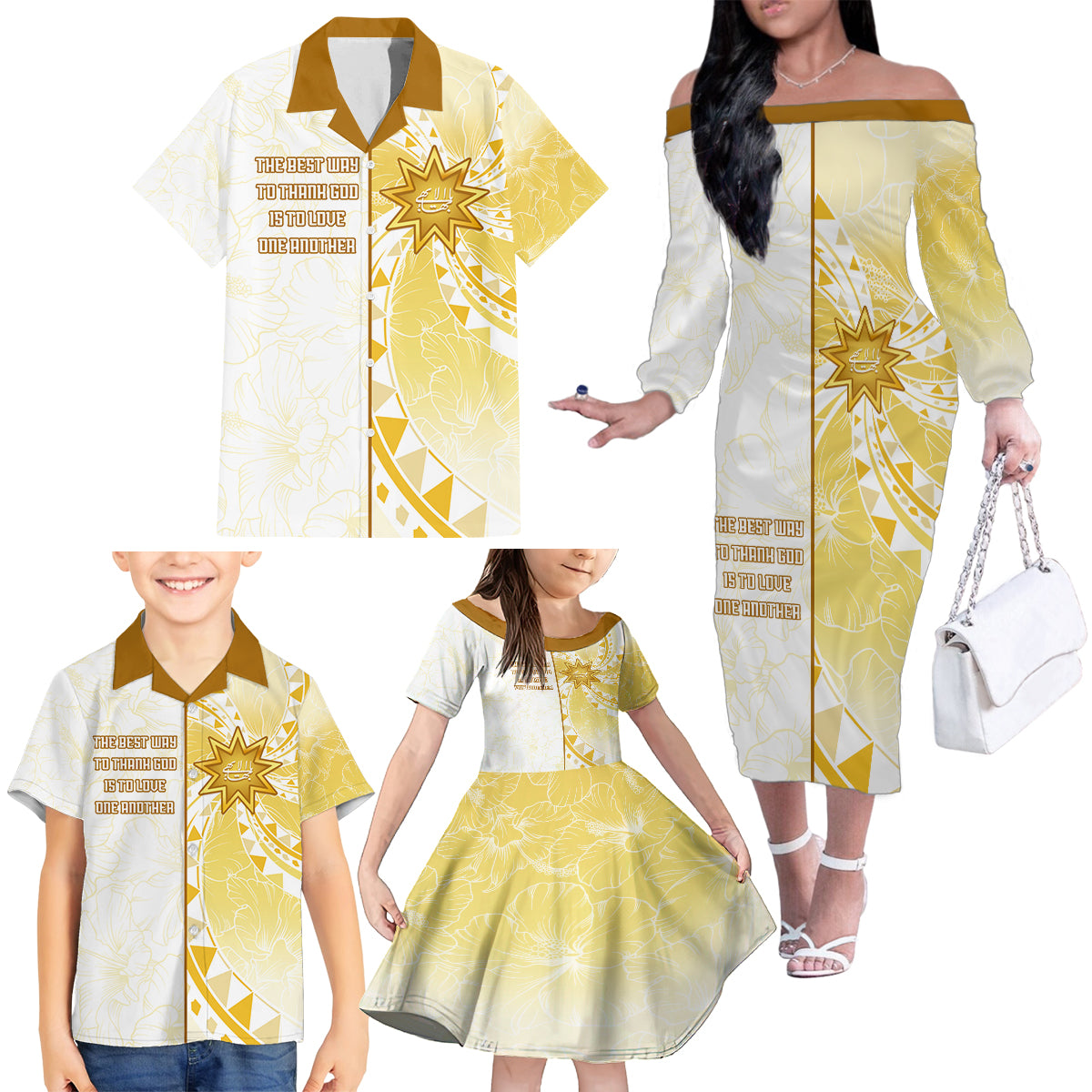 Personalised Polynesia Family Matching Off Shoulder Long Sleeve Dress and Hawaiian Shirt Bahai Faith Symbol LT05 - Polynesian Pride