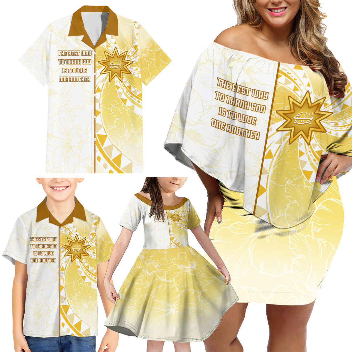 Personalised Polynesia Family Matching Off Shoulder Short Dress and Hawaiian Shirt Bahai Faith Symbol LT05 - Polynesian Pride