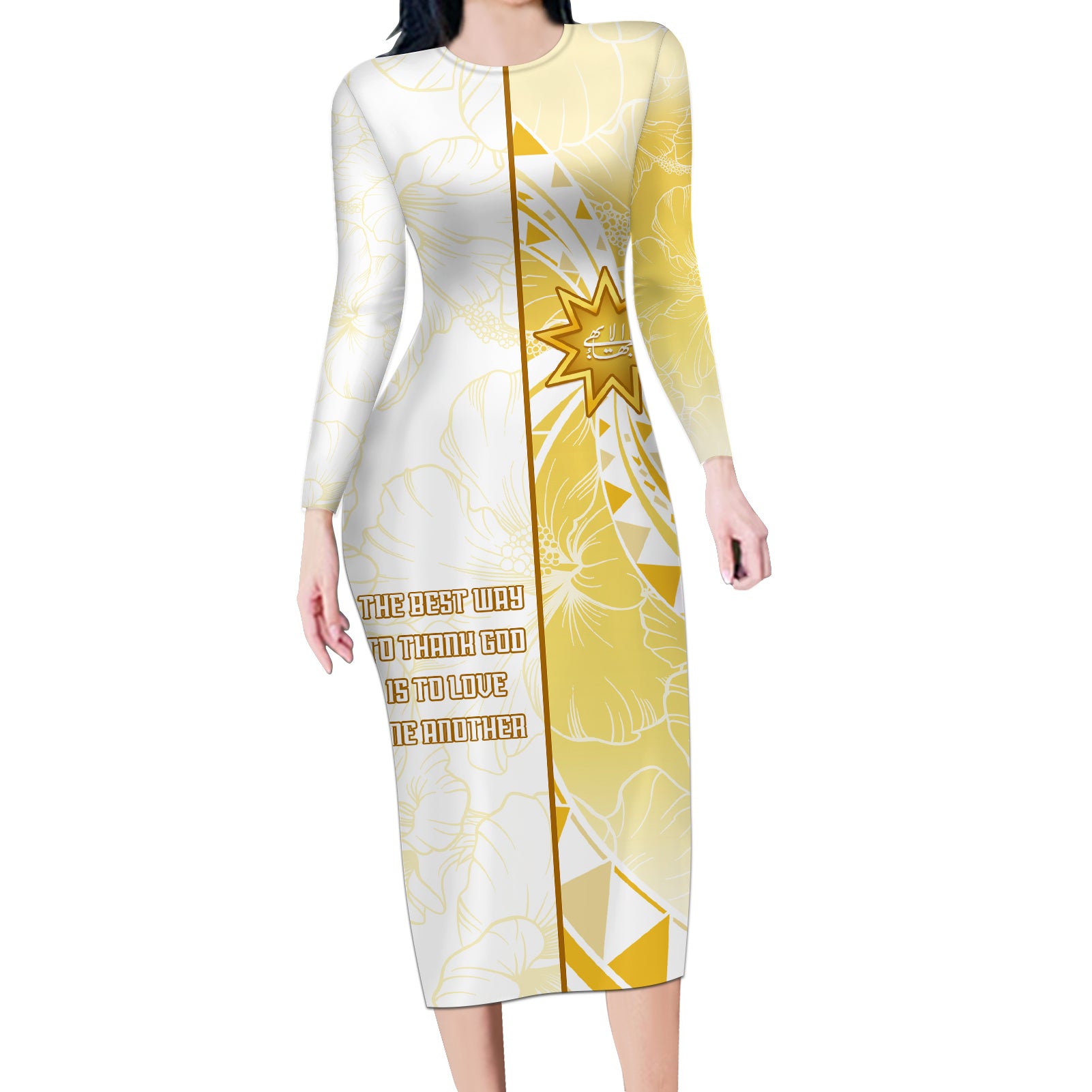 Personalised Polynesia Long Sleeve Bodycon Dress Bahai Faith Symbol LT05 Long Dress Yellow - Polynesian Pride