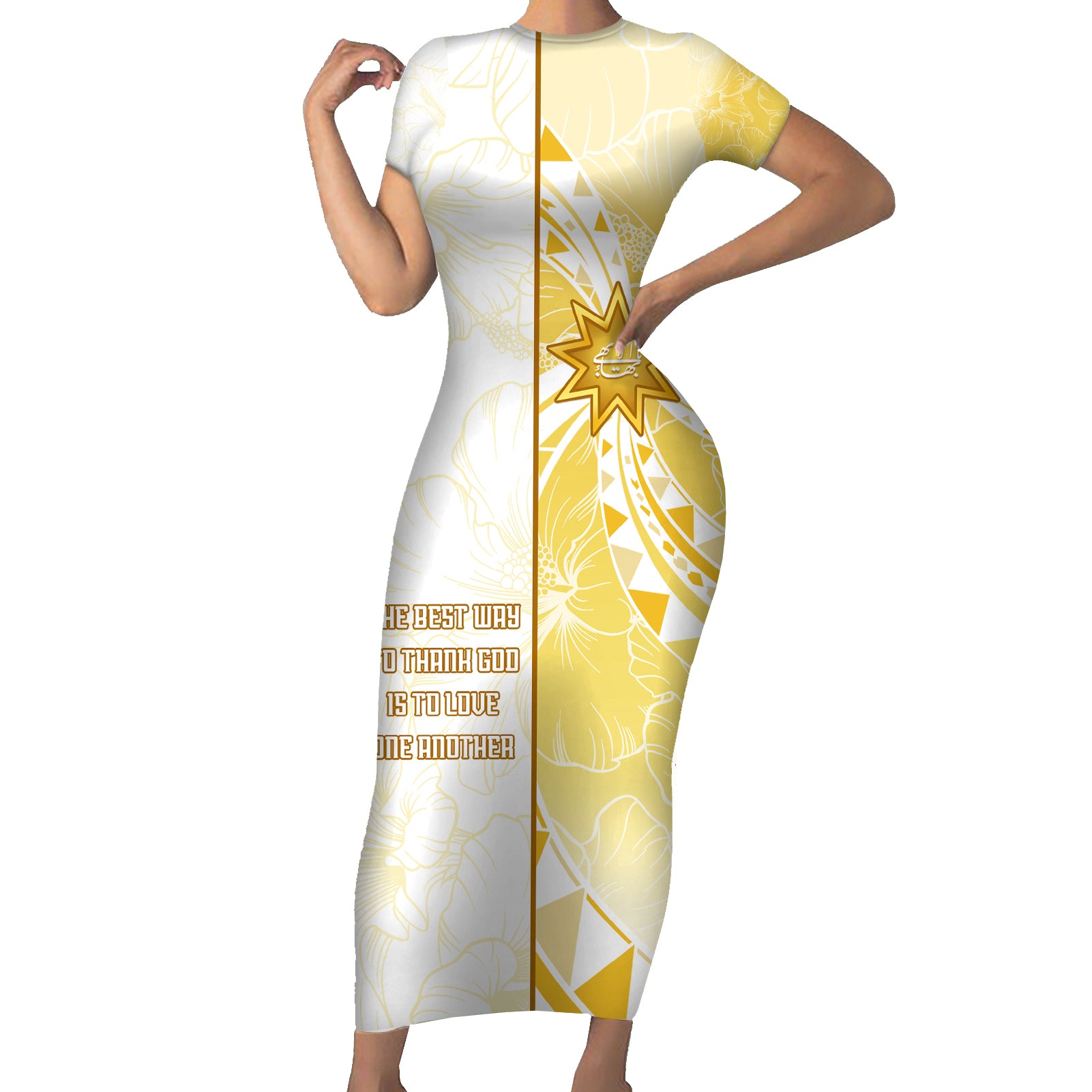 Personalised Polynesia Short Sleeve Bodycon Dress Bahai Faith Symbol LT05 Long Dress Yellow - Polynesian Pride