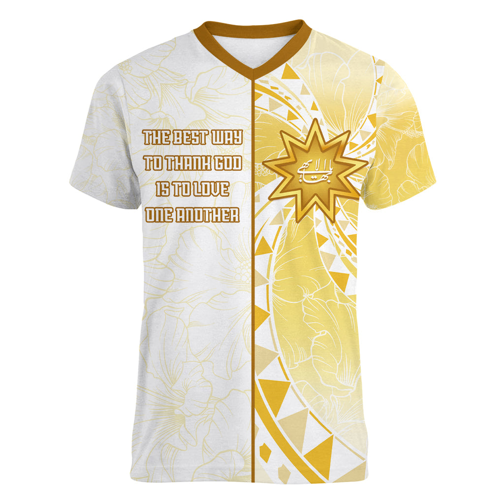Personalised Polynesia Women V Neck T Shirt Bahai Faith Symbol LT05 Female Yellow - Polynesian Pride