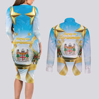 Fiji Christmas Couples Matching Long Sleeve Bodycon Dress and Long Sleeve Button Shirt Snow Globe With Fijian Santa LT05