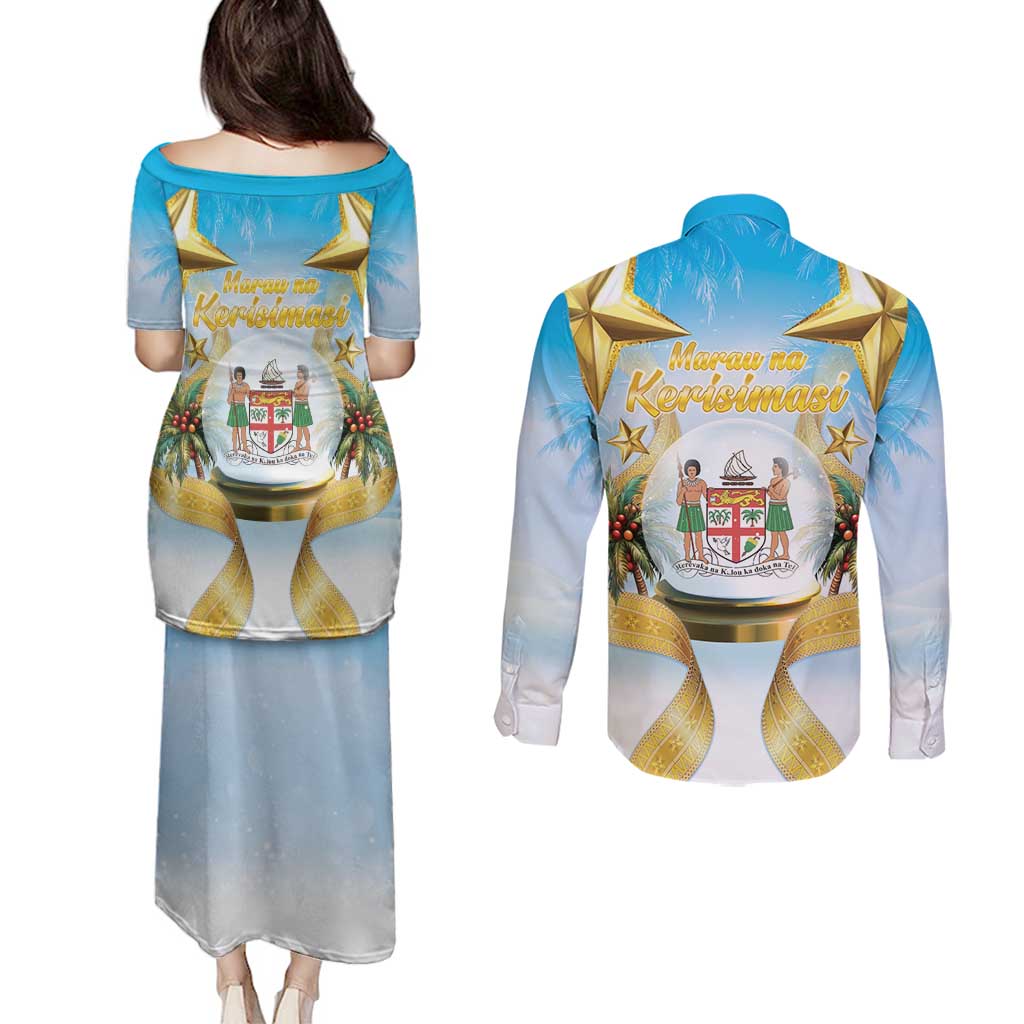 Fiji Christmas Couples Matching Puletasi and Long Sleeve Button Shirt Snow Globe With Fijian Santa LT05