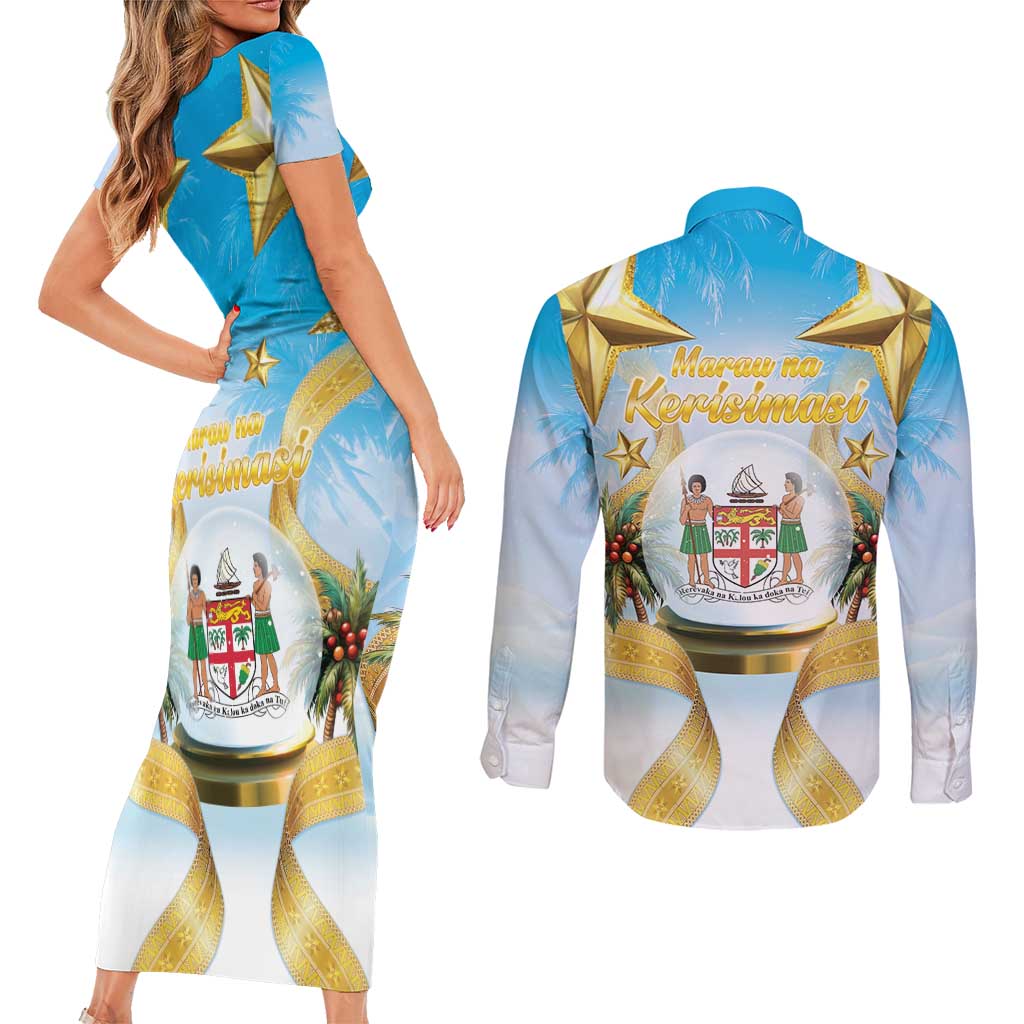 Fiji Christmas Couples Matching Short Sleeve Bodycon Dress and Long Sleeve Button Shirt Snow Globe With Fijian Santa LT05