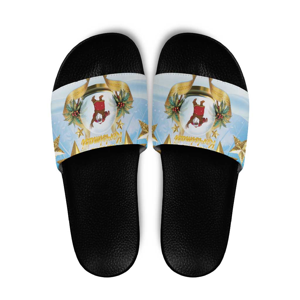 Fiji Christmas Slide Sandals Snow Globe With Fijian Santa LT05 Blue - Polynesian Pride