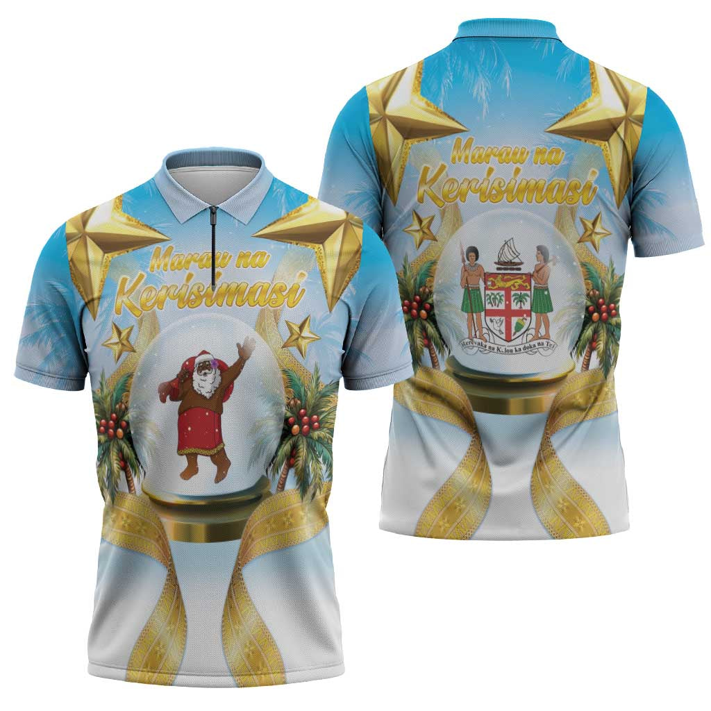Fiji Christmas Zipper Polo Shirt Snow Globe With Fijian Santa LT05