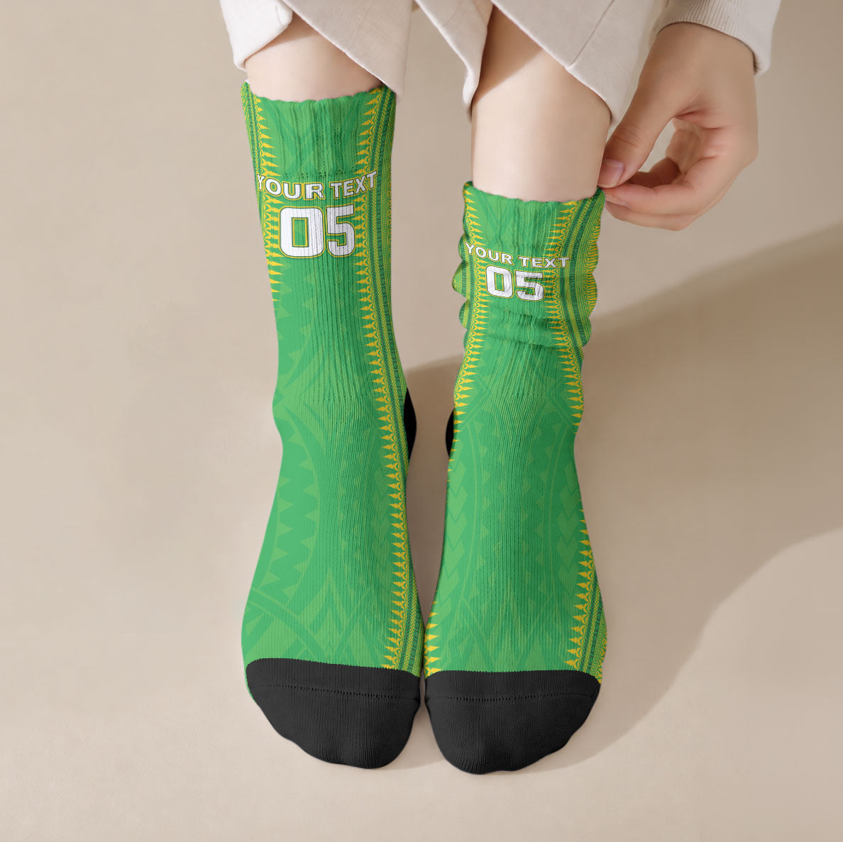 Cook Islands Rugby Custom Crew Socks Kuki Tribal Pattern Green Version LT05 Crew Socks Green - Polynesian Pride