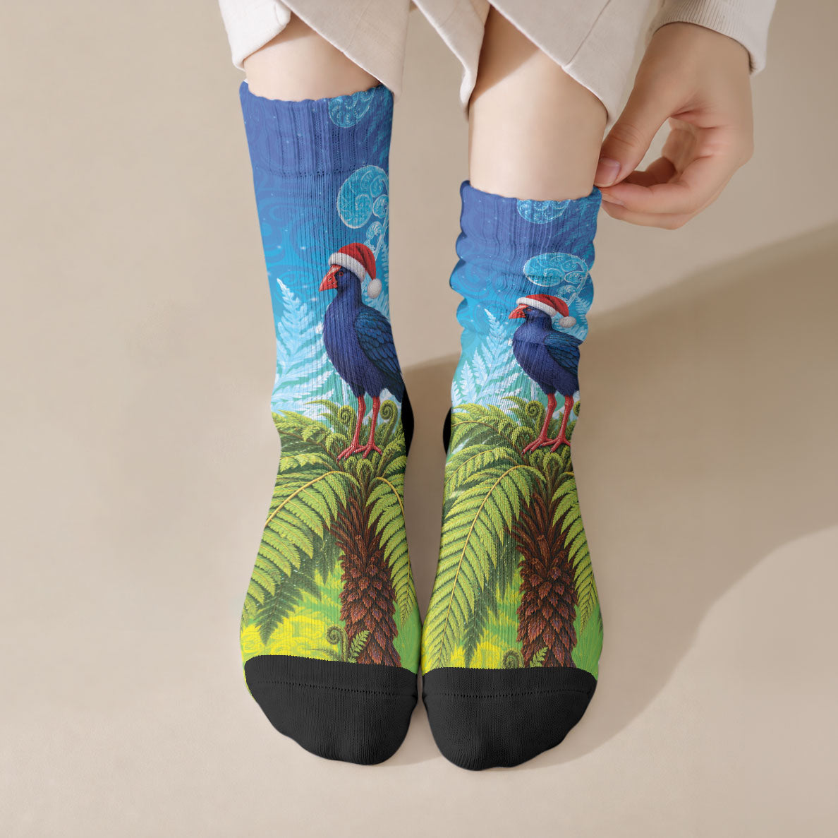 New Zealand Christmas Crew Socks Pukeko With Ponga Tree Silver Fern LT05 Crew Socks Multicolor - Polynesian Pride