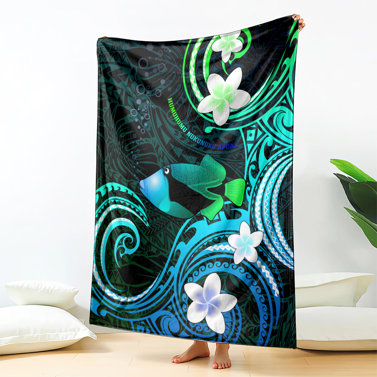 Hawaii Humuhumu Reef Triggerfish Blanket Turquoise With Plumeria LT05 Turquoise - Polynesian Pride