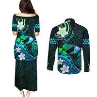Personalised Hawaii Humuhumu Reef Triggerfish Couples Matching Puletasi and Long Sleeve Button Shirt Turquoise With Plumeria LT05 - Polynesian Pride