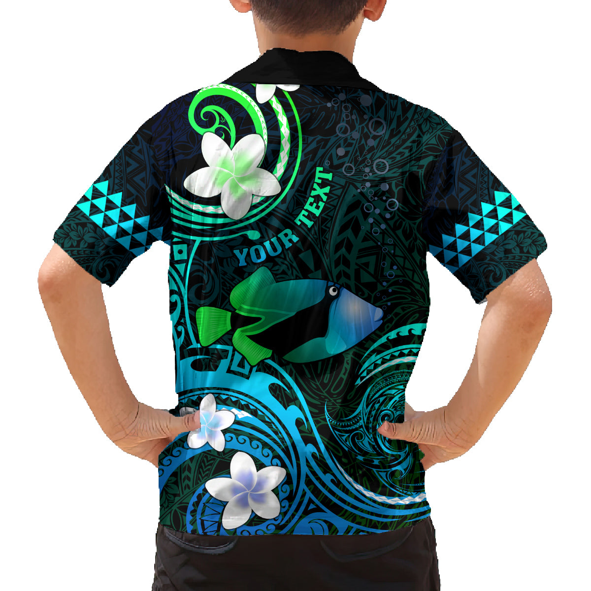 Personalised Hawaii Humuhumu Reef Triggerfish Family Matching Long Sleeve Bodycon Dress and Hawaiian Shirt Turquoise With Plumeria LT05 - Polynesian Pride
