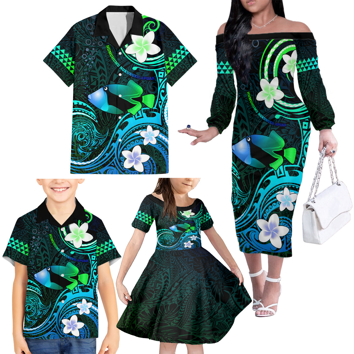 Personalised Hawaii Humuhumu Reef Triggerfish Family Matching Off Shoulder Long Sleeve Dress and Hawaiian Shirt Turquoise With Plumeria LT05 - Polynesian Pride