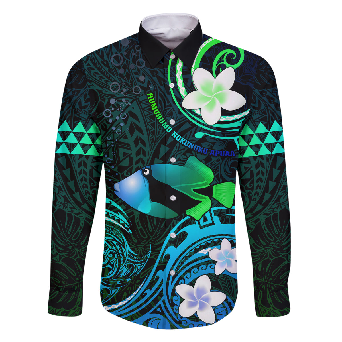 Personalised Hawaii Humuhumu Reef Triggerfish Family Matching Off Shoulder Long Sleeve Dress and Hawaiian Shirt Turquoise With Plumeria LT05 Dad's Shirt - Long Sleeve Turquoise - Polynesian Pride