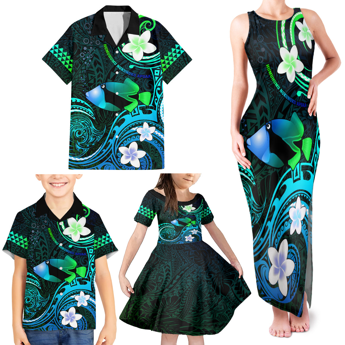 Personalised Hawaii Humuhumu Reef Triggerfish Family Matching Tank Maxi Dress and Hawaiian Shirt Turquoise With Plumeria LT05 - Polynesian Pride