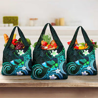 Hawaii Humuhumu Reef Triggerfish Grocery Bag Turquoise With Plumeria