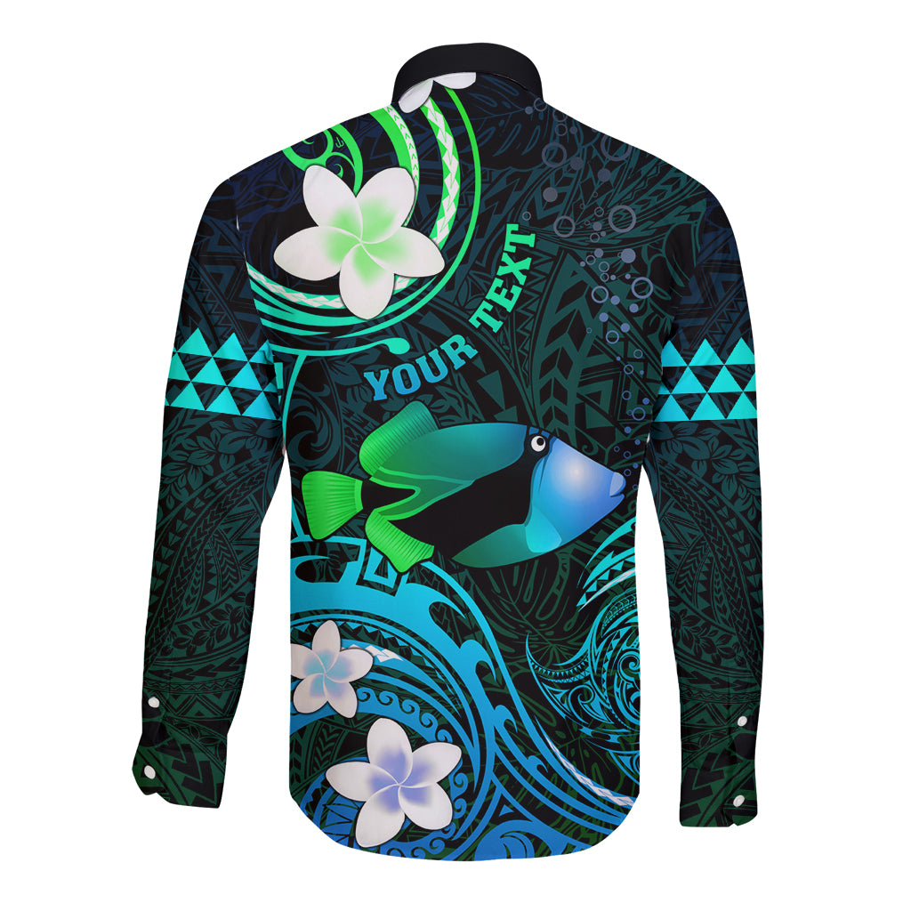 Personalised Hawaii Humuhumu Reef Triggerfish Long Sleeve Button Shirt Turquoise With Plumeria LT05 - Polynesian Pride