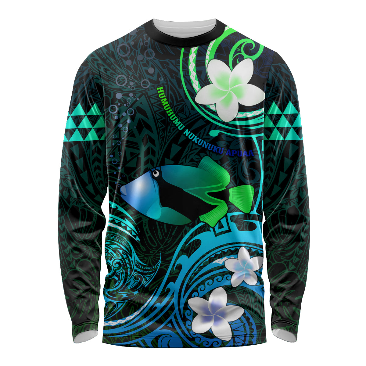 Personalised Hawaii Humuhumu Reef Triggerfish Long Sleeve Shirt Turquoise With Plumeria LT05 Unisex Turquoise - Polynesian Pride