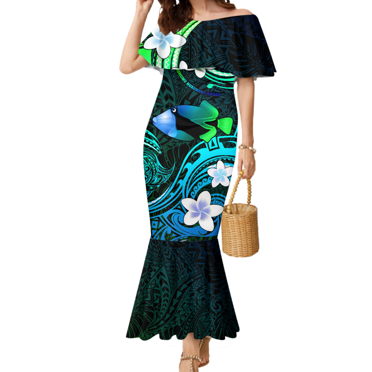 Personalised Hawaii Humuhumu Reef Triggerfish Mermaid Dress Turquoise With Plumeria LT05 Women Turquoise - Polynesian Pride