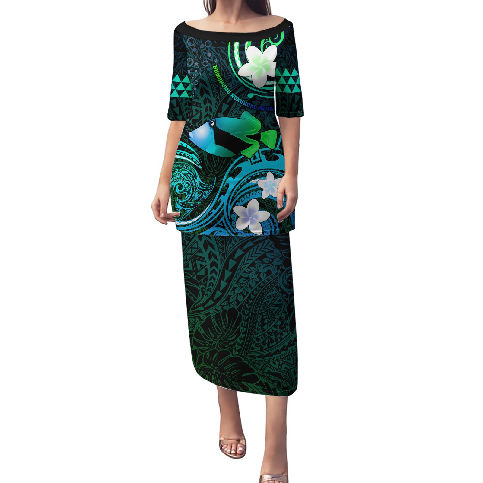 Personalised Hawaii Humuhumu Reef Triggerfish Puletasi Turquoise With Plumeria LT05 Long Dress Turquoise - Polynesian Pride