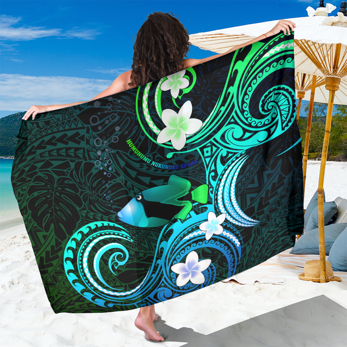 Hawaii Humuhumu Reef Triggerfish Sarong Turquoise With Plumeria LT05 One Size 44 x 66 inches Turquoise - Polynesian Pride