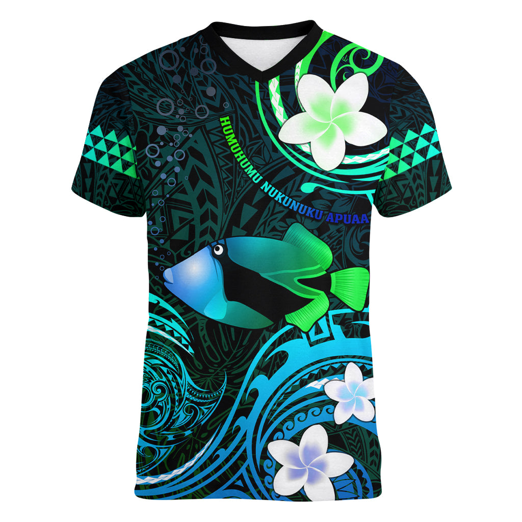 Personalised Hawaii Humuhumu Reef Triggerfish Women V Neck T Shirt Turquoise With Plumeria LT05 Female Turquoise - Polynesian Pride