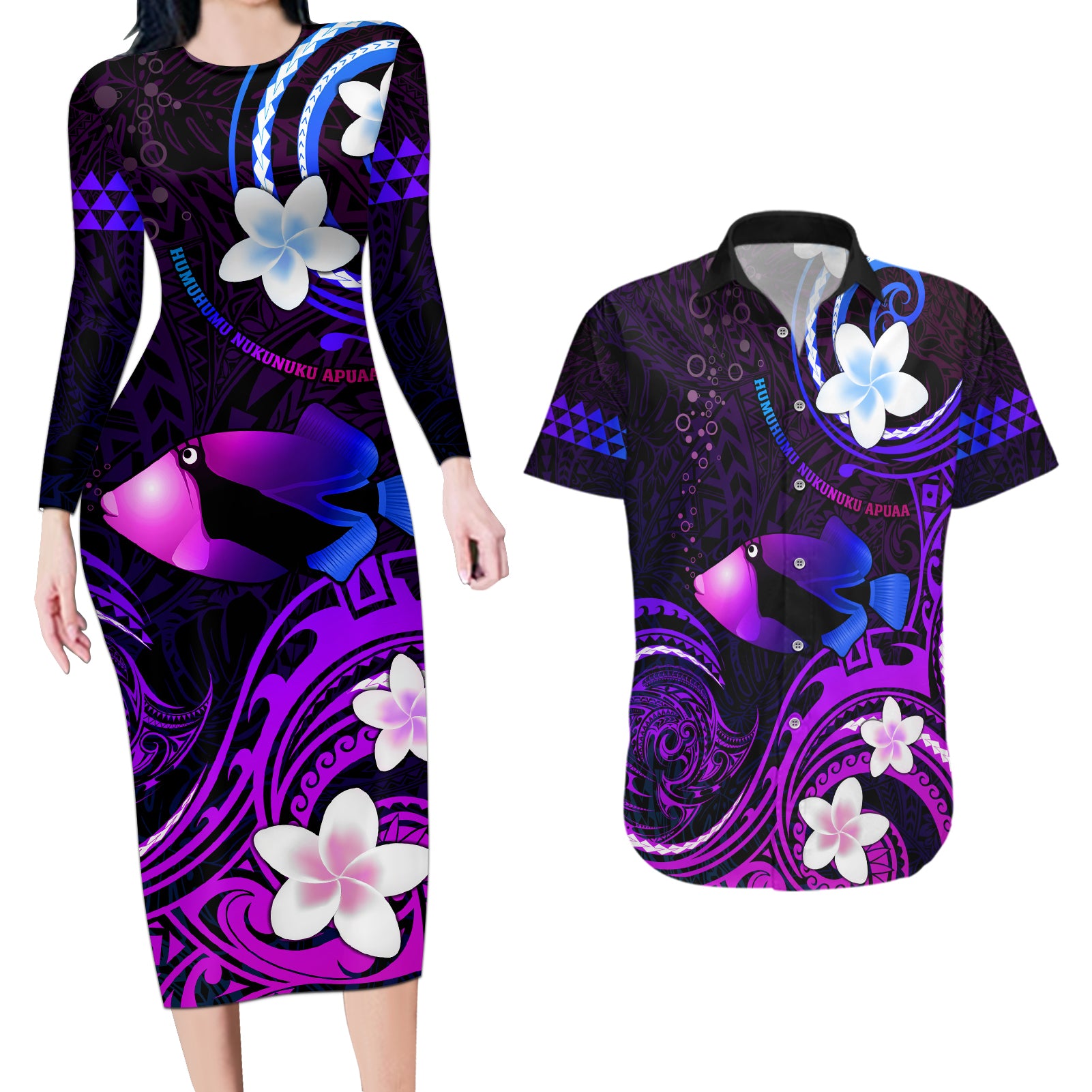 Personalised Hawaii Humuhumu Reef Triggerfish Couples Matching Long Sleeve Bodycon Dress and Hawaiian Shirt Violet With Plumeria LT05 Violet - Polynesian Pride