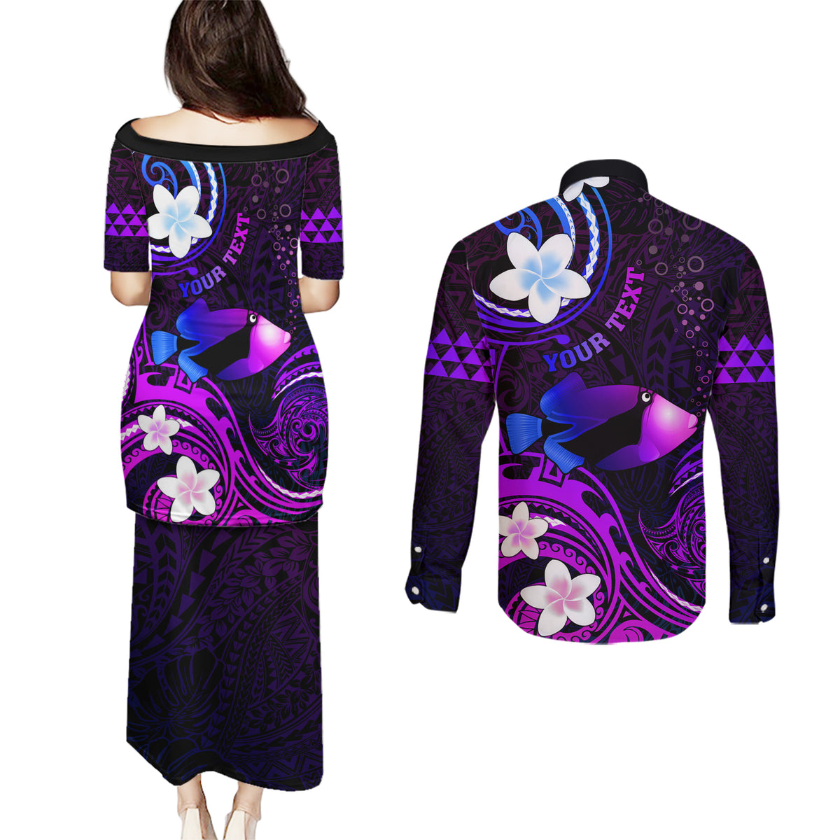 Personalised Hawaii Humuhumu Reef Triggerfish Couples Matching Puletasi and Long Sleeve Button Shirt Violet With Plumeria LT05 - Polynesian Pride