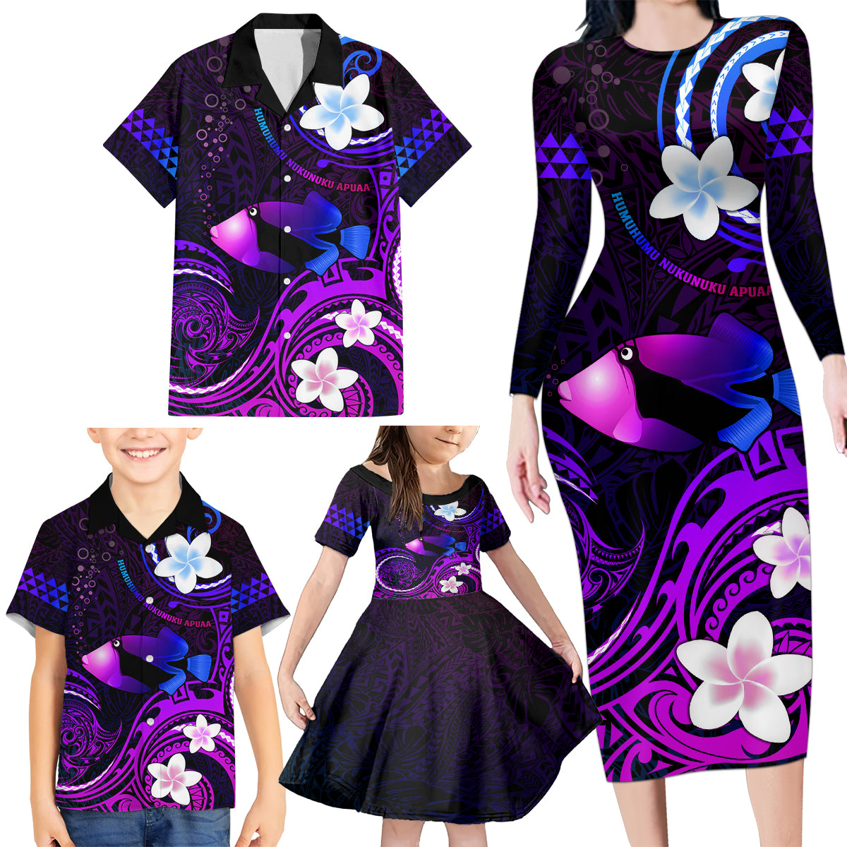 Personalised Hawaii Humuhumu Reef Triggerfish Family Matching Long Sleeve Bodycon Dress and Hawaiian Shirt Violet With Plumeria LT05 - Polynesian Pride