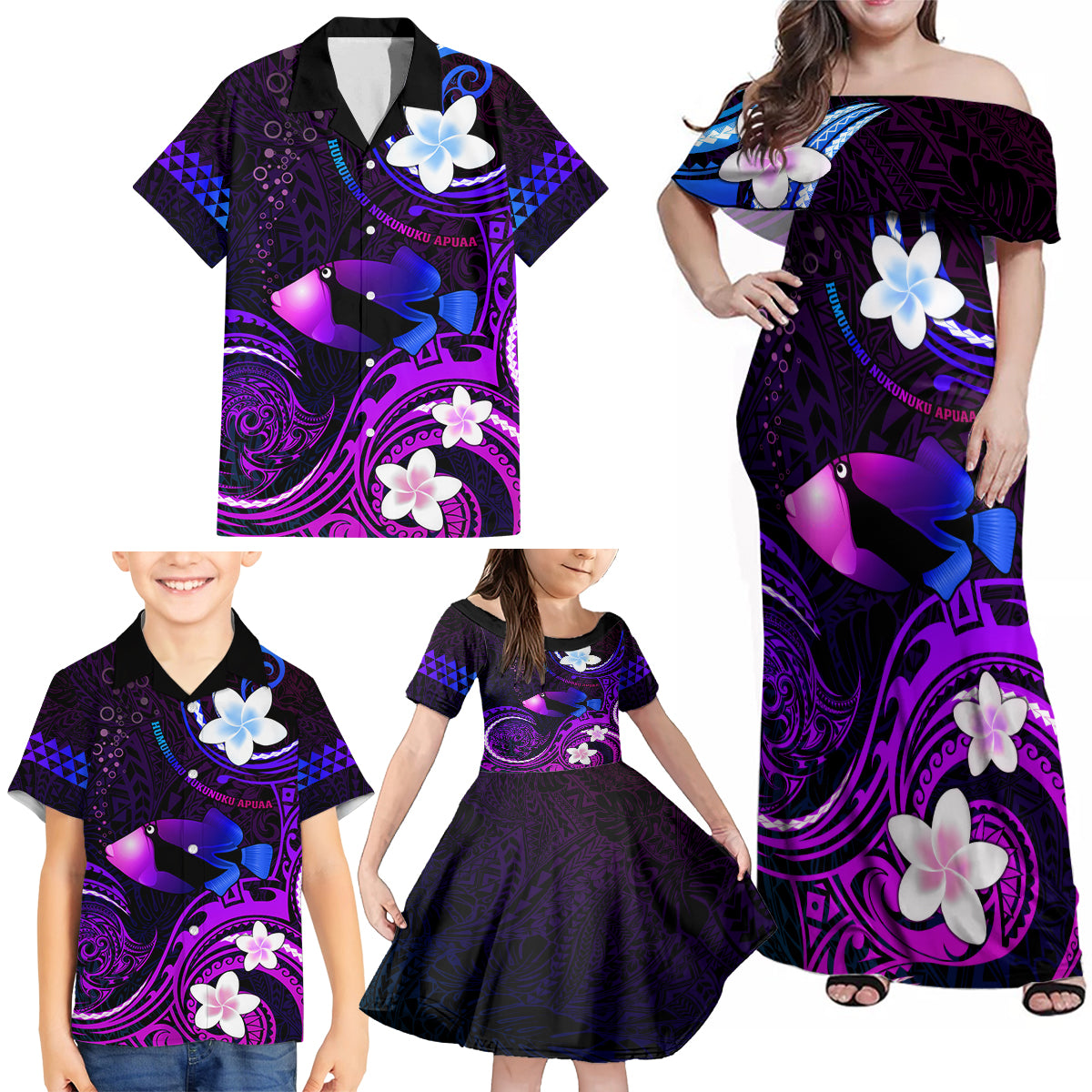 Personalised Hawaii Humuhumu Reef Triggerfish Family Matching Off Shoulder Maxi Dress and Hawaiian Shirt Violet With Plumeria LT05 - Polynesian Pride