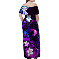 Personalised Hawaii Humuhumu Reef Triggerfish Family Matching Off Shoulder Maxi Dress and Hawaiian Shirt Violet With Plumeria LT05 - Polynesian Pride