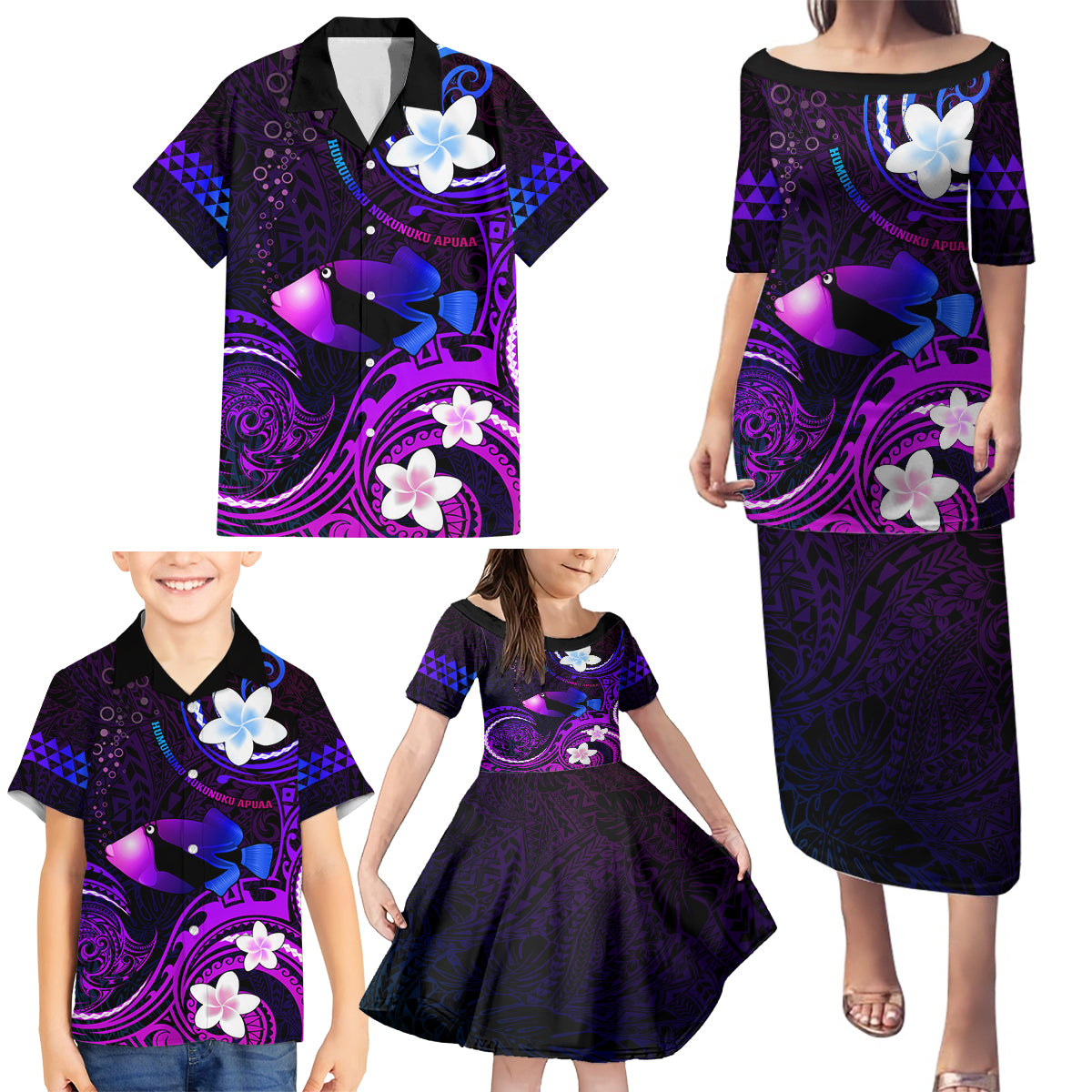 Personalised Hawaii Humuhumu Reef Triggerfish Family Matching Puletasi and Hawaiian Shirt Violet With Plumeria LT05 - Polynesian Pride