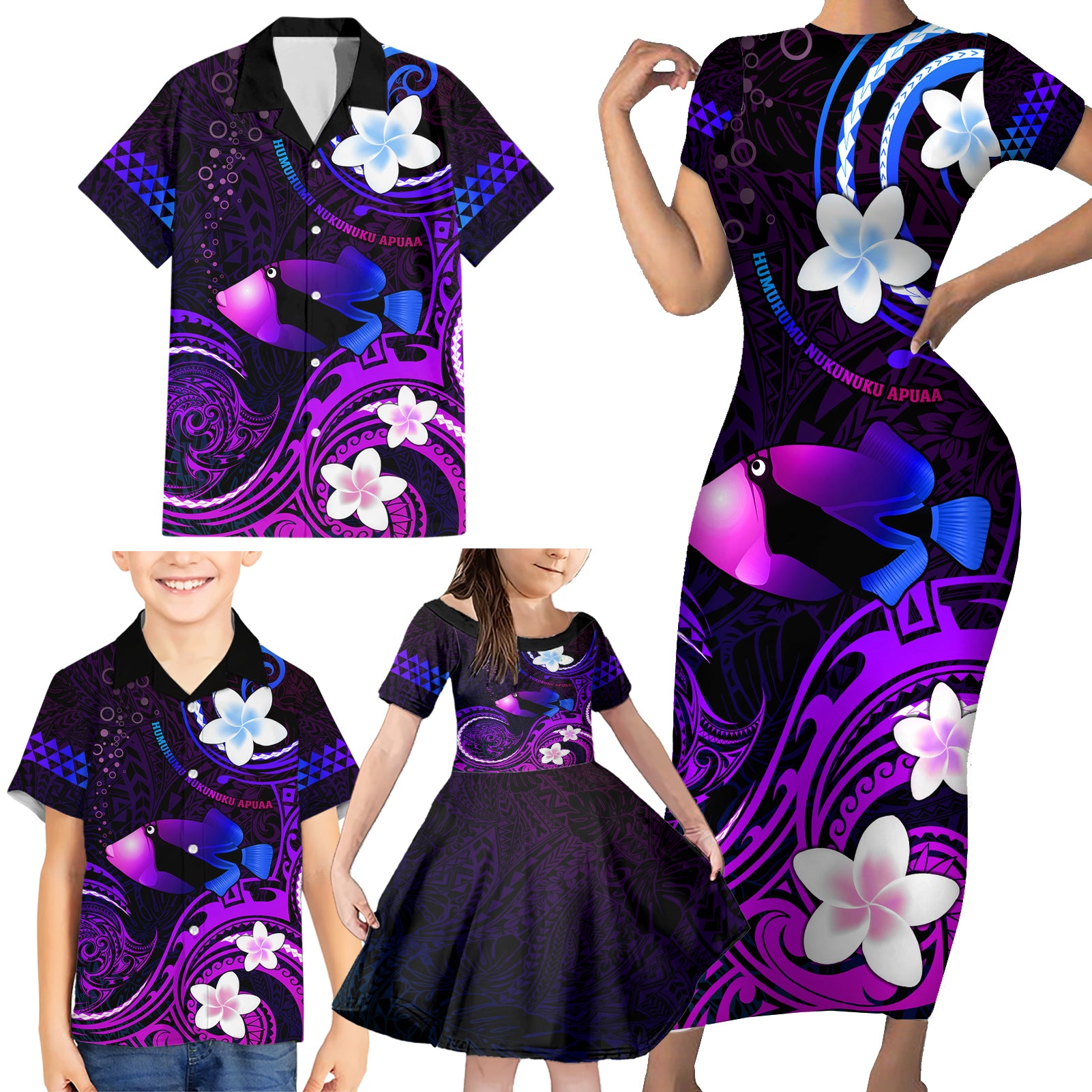 Personalised Hawaii Humuhumu Reef Triggerfish Family Matching Short Sleeve Bodycon Dress and Hawaiian Shirt Violet With Plumeria LT05 - Polynesian Pride