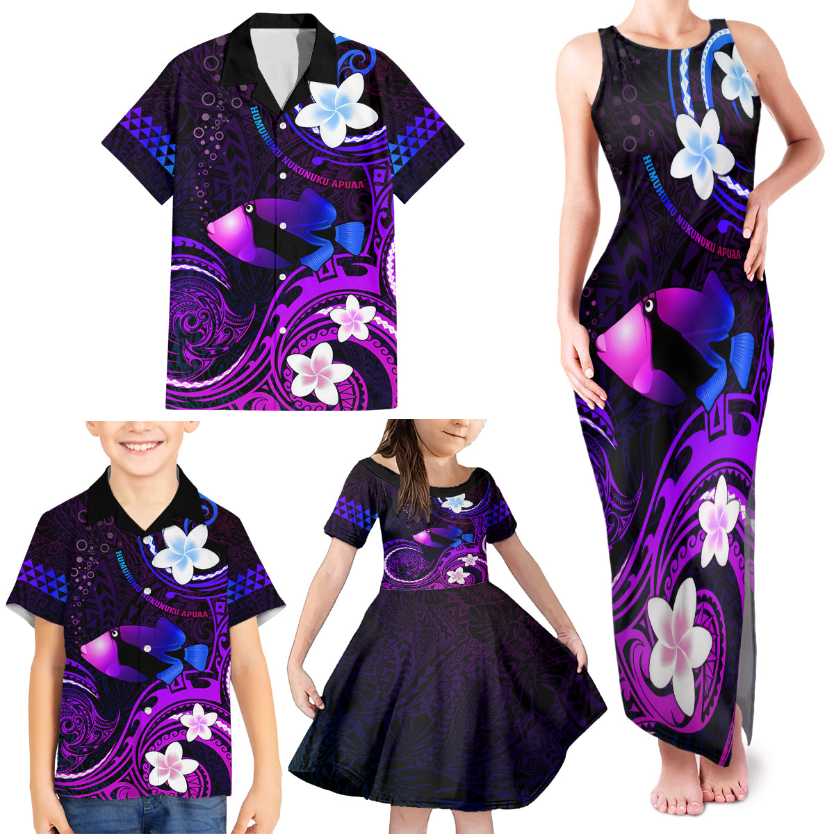 Personalised Hawaii Humuhumu Reef Triggerfish Family Matching Tank Maxi Dress and Hawaiian Shirt Violet With Plumeria LT05 - Polynesian Pride