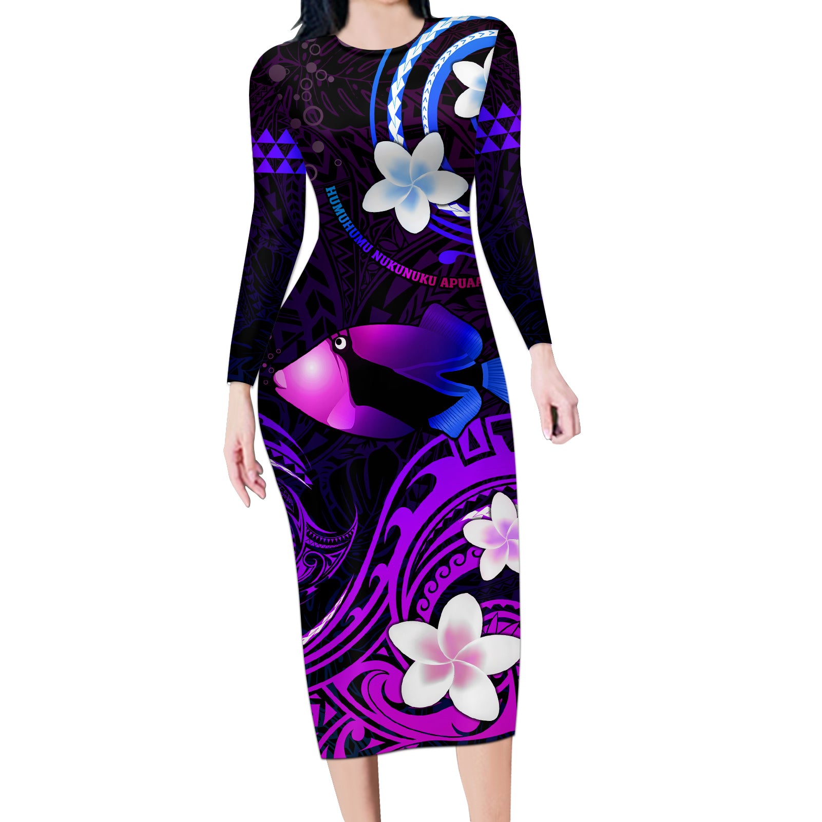 Personalised Hawaii Humuhumu Reef Triggerfish Long Sleeve Bodycon Dress Violet With Plumeria LT05 Long Dress Violet - Polynesian Pride