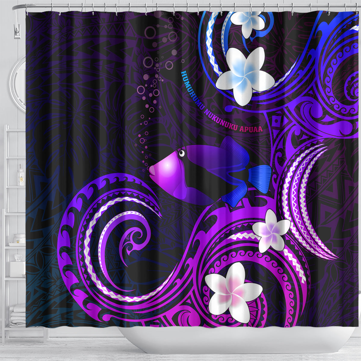Hawaii Humuhumu Reef Triggerfish Shower Curtain Violet With Plumeria LT05 - Polynesian Pride