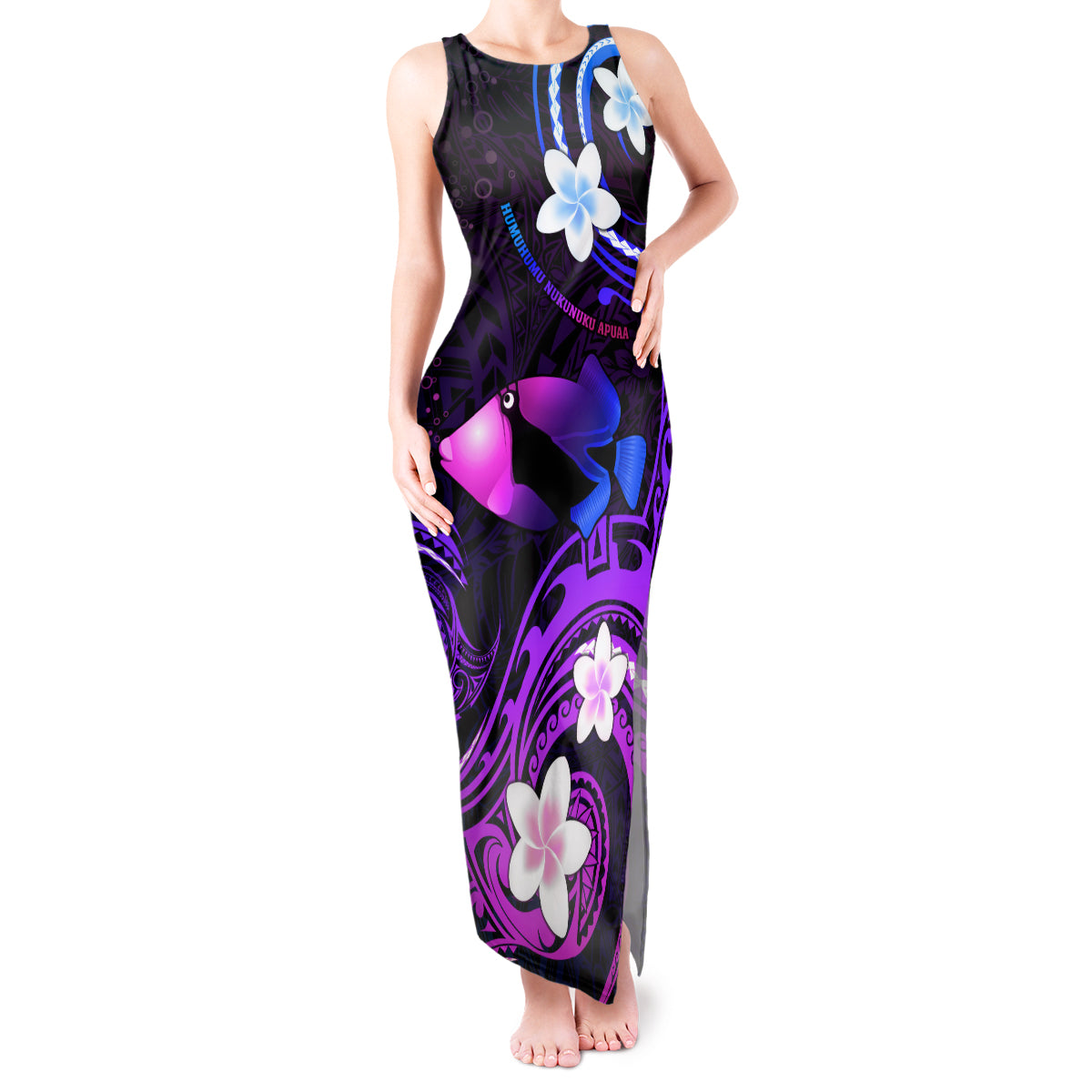 Personalised Hawaii Humuhumu Reef Triggerfish Tank Maxi Dress Violet With Plumeria LT05 Women Violet - Polynesian Pride