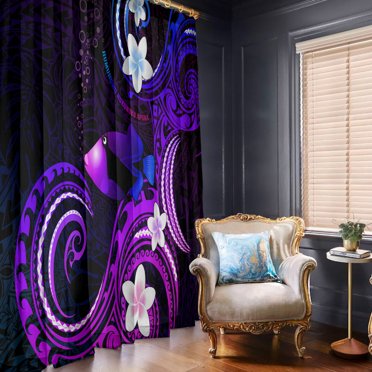 Hawaii Humuhumu Reef Triggerfish Window Curtain Violet With Plumeria LT05 - Polynesian Pride