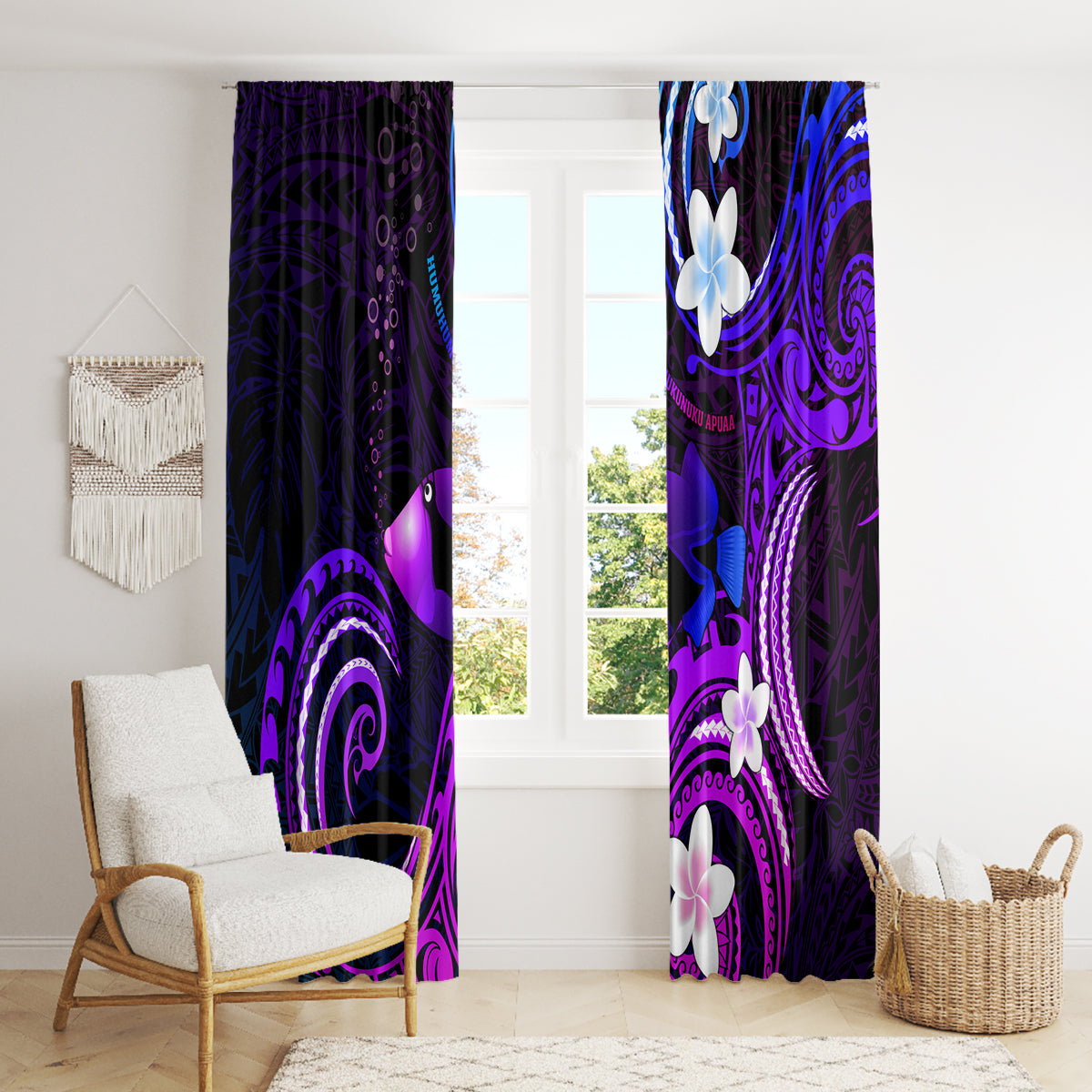 Hawaii Humuhumu Reef Triggerfish Window Curtain Violet With Plumeria LT05 - Polynesian Pride